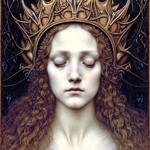 Prompt: detailed realistic beautiful young medieval queen face portrait by jean delville, tom bagshaw, brooke shaden, gustave dore and marco mazzoni, art nouveau, symbolist, visionary, gothic, pre - raphaelite, ornate gilded medieval icon, surreality, ethereal, unearthly, haunting, celestial, neo - gothic, ghostly, memento mori, nightmare, medium shot