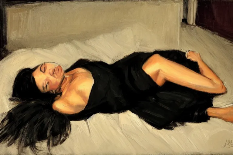 Image similar to Ground Level Shot, long shot of a beautiful dark haired woman wearing a black dress, laying on her back on a bed. by fabian perez