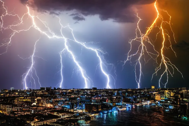 Image similar to multiple water tornado in the city, lightning strikes, ultra realistic, photorealistic, highly detailed, sharp focus, vivid, colorful