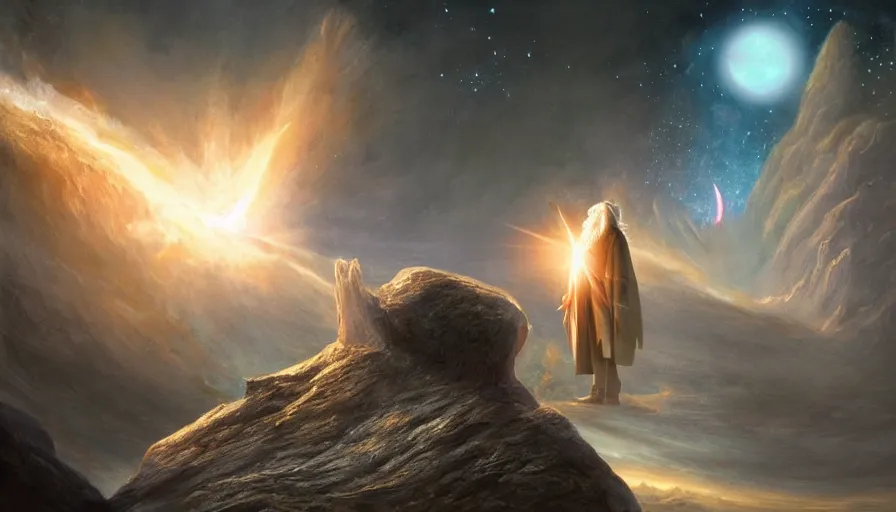 Image similar to a beautiful painting of gandalf watching a giant star going supernova in the sky of an alien world, ray traced lighting by jean kalin popov and greg rutkowski