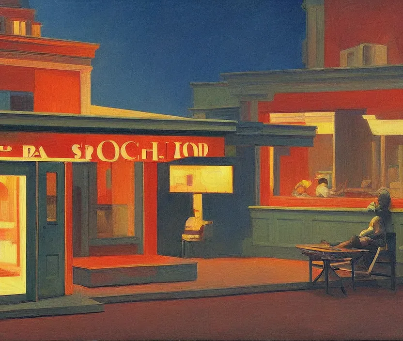 Image similar to a very detailed and aesthetic painting of a spaceship, in the style of edward hopper and hugo pondz,