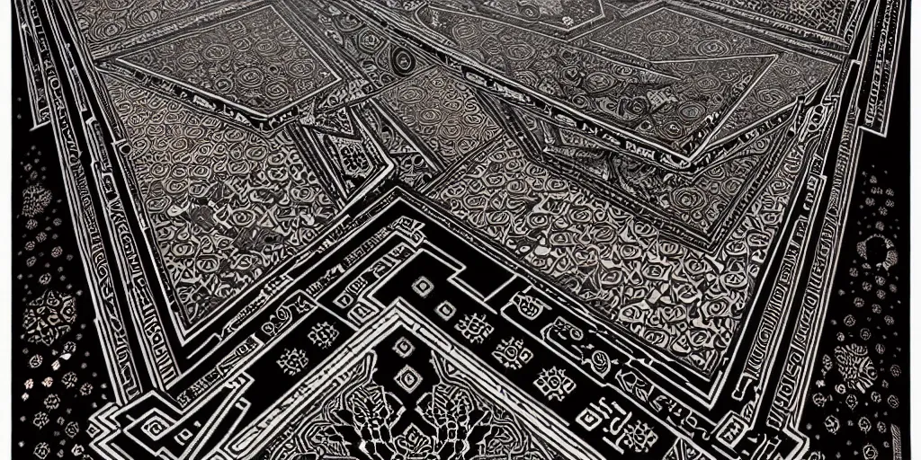 Image similar to ancient ornate carpet, high details, bold line art, by vincent di fate and joe fenton, inking, etching, screen print, masterpiece, trending on artstation, sharp, high contrast, hyper - detailed,, hd, 4 k, 8 k