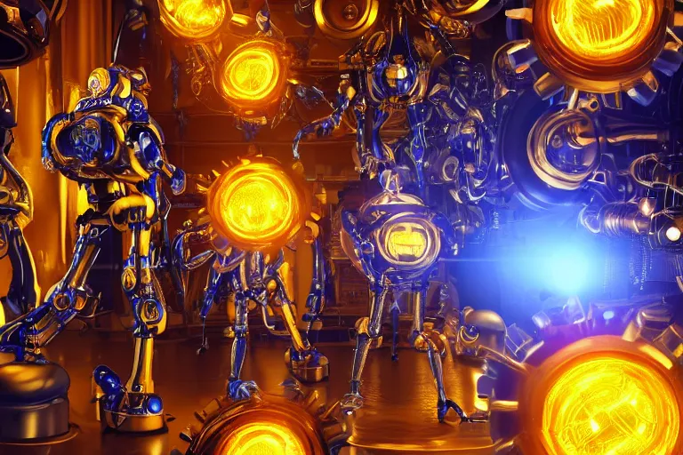 Image similar to 7 golden and blue metal humanoid steampunk robots wearing and gears and tubes, eyes are glowing red lightbulbs, shiny crisp finish, 3 d render, 8 k, insaneley detailed, fluorescent colors, background is an entrance door to a futuristic nightclub, nightlight