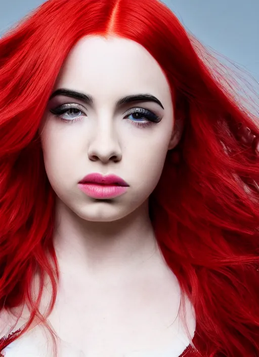 Image similar to ava max bright red hair photographed by charlotte rutherford, canon, highly realistic. high resolution. highly detailed. dramatic. 8 k. 4 k.