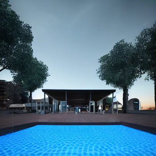 Image similar to a bar made with translucid fabric, swimming pool in front, parametric, blue hour, hyperrealistic, elevation, vray, unreal engine, architecture, luxigon