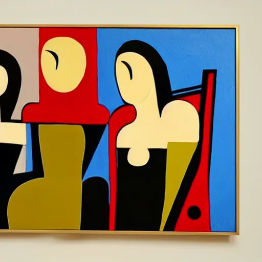 Image similar to A modern abstract painting in the style of HILDEGARDE HANDSAEME, depicting three women figures in three different rooms doing different poses, modern earthy neutral earthy, interesting geometry, in the style of HILDEGARDE HANDSAEME