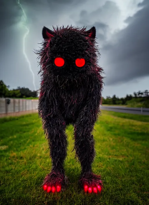 Image similar to hyperrealistic and heavy detailed glowing red eyes dark green furry monster, leica sl 5 0 mm, vivid color, high quality, high textured, real life, full body in shot, far distance, thunder storm