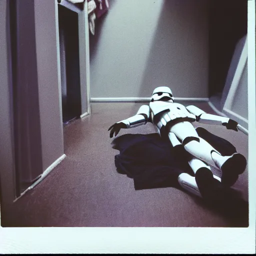 Prompt: Polaroid photo, cinematic tone, stormtroopers lying on his back on the floor, cluttered 80s American room