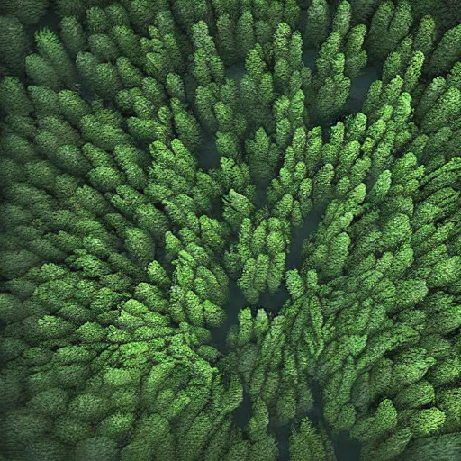 Prompt: a birds eye view of a digital painting of a thick forest by Michael Menzel