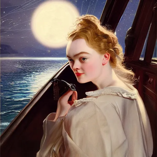 Image similar to leyendecker and peter paul rubens, head and shoulders portrait of a elle fanning, nighttime, on a boat, unreal engine, fantasy art by global illumination, radiant light, detailed and intricate environment