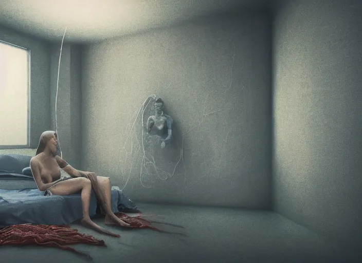 Prompt: rgb, woman, room, full of water, cinematic, movie scene, inspired by zdzislaw beksinski, clothes made out of veins,, cables everywhere, bedroom, ultra realistic, concept art, intricate details, highly detailed, photorealistic, octane render, 8 k