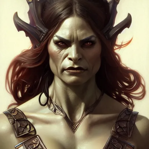 Prompt: Female orc, muscular upper body, D&D, fantasy, intricate, elegant, highly detailed, digital painting, artstation, concept art, smooth, sharp focus, illustration, art by artgerm and greg rutkowski and alphonse mucha