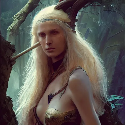 Image similar to hyper realistic photograph portrait of elven scavenger sorceress, cinematic, artstation, cgsociety, greg rutkowski, james gurney, mignola, craig mullins, brom