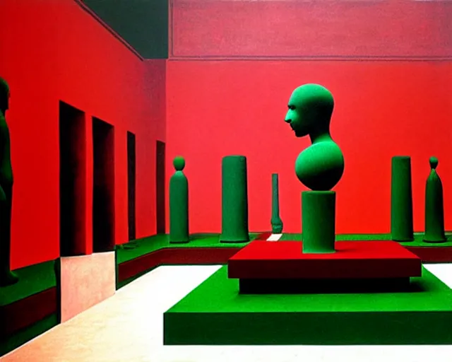 Image similar to city sized clay sculpture in a huge room. a green red and black painting by Magritte