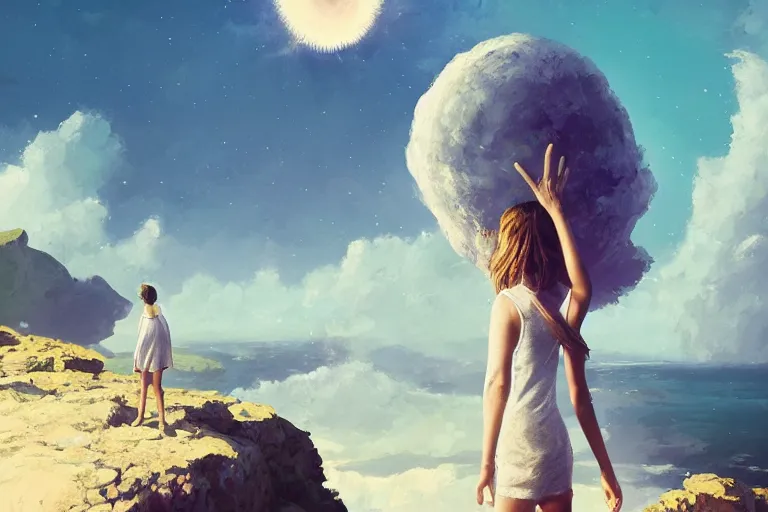 Image similar to giant white daisy flower over head, girl standing on rocky cliff, surreal photography, solar eclipse, milky way, dramatic light, impressionist painting, colorful clouds, digital painting, artstation, james gilleard, liam wong, jeremy mann, simon stalenhag