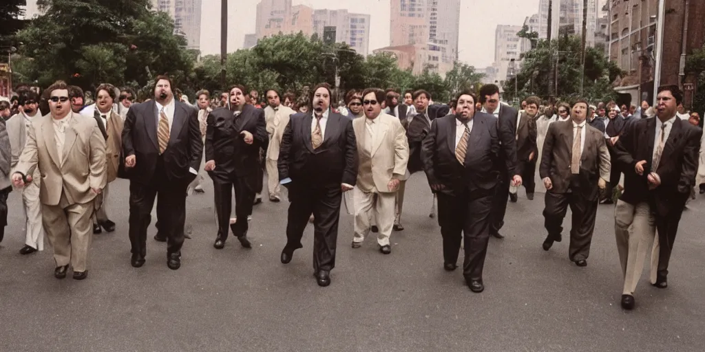 Prompt: A large group of chubby men in suits and neckties parading through the street canes, overcast day, 1990s, color.