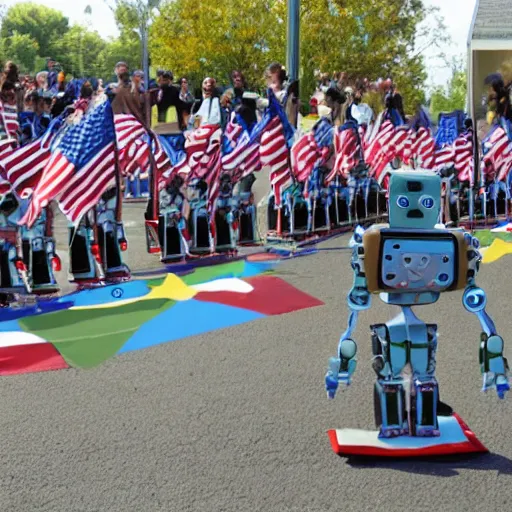 Prompt: robot parade, robots obey what the children say, wave the flag that the robot made