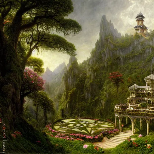 Image similar to a beautiful and highly detailed matte painting of an dwarf garden palace in a breath taking forest in a deep valley in the beautiful mountains of avalon, intricate details, epic scale, insanely complex, 8 k, sharp focus, hyperrealism, very realistic, by caspar friedrich, albert bierstadt, james gurney, brian froud,