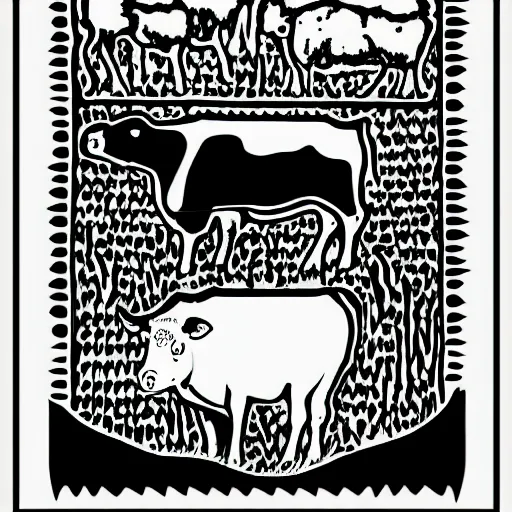 Image similar to antichrist, cow, pig, sheep, chicken, white on black vector ink drawing