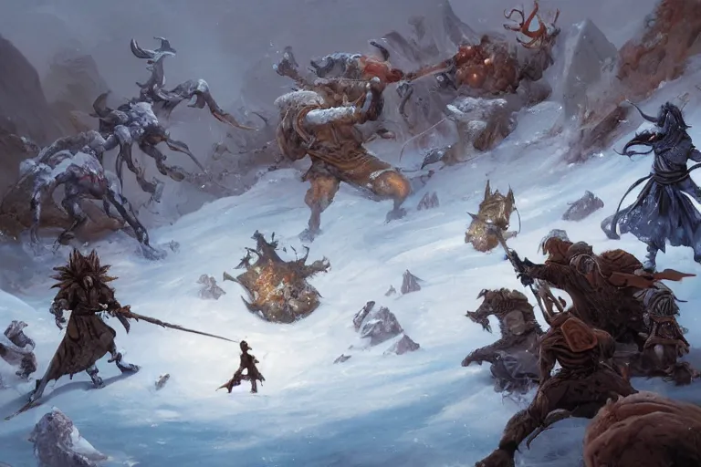 Prompt: a battle between guilds on a frozen island, fantasy concept art, by michael whelan, by peter mohrbacher, by john howe, highly detailed, hd, 4 k