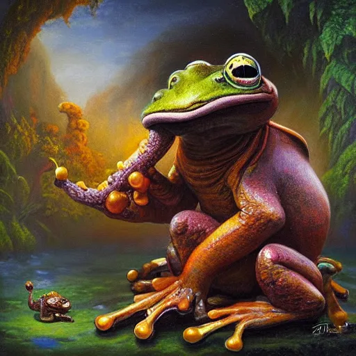 Prompt: frog - elephant creature, colorful oil painting by justin gerard