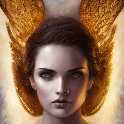 Image similar to angel of glory, sharp face, cinematic lighting, glowing golden eyes, hyper-detailed, cgsociety, 8k, high resolution, in the style of Charlie Bowater, Tom Bagshaw, single face, symmetrical, headshot photograph, insanely detailed and intricate, beautiful, elegant, watercolor, cinematic, portrait, Raphaelite, headroom, artstation