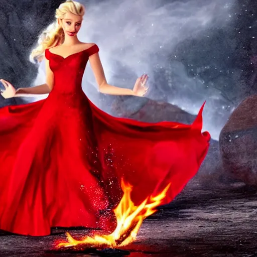 Image similar to elsa in a red dress with fire powers