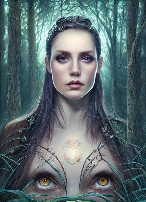 Prompt: a highly detailed symmetrical painting of a female druie with piercing beautiful eyes in forest meadow, dynamic lighting, ambient lighting, trending on artstation, art by artgerm and karol bak and mark brooks