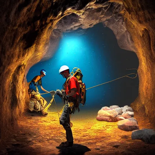 Image similar to photorealistic fantasy digital art of spelunkers in caving gear exploring a narrow beautiful cave full of gleaming geodes, crystals, and gemstones.