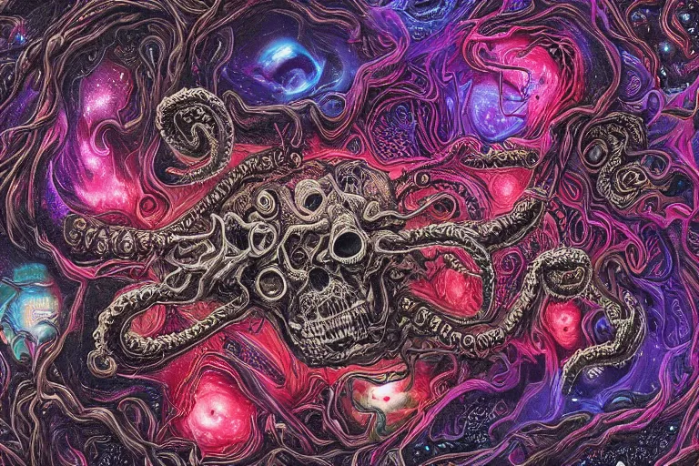 Image similar to a intricate mandala of skulls and flesh with deep and intricate rune carvings and twisting lovecraftian tentacles emerging from a space nebula by dan mumford, twirling smoke trails, a twisting vortex of dying galaxies, collapsing stars, digital art, photorealistic, vivid colors, highly detailed, intricate