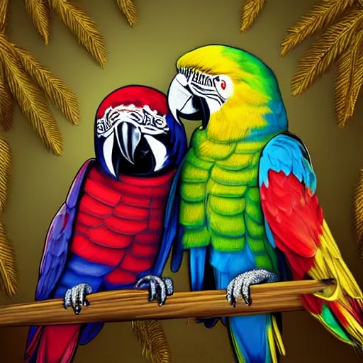 Image similar to parrots dressed in rapper clothes, sitting on golden trees, rap scene, trending on artstation, highly detailed, digital art, 8 k