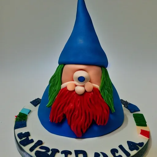 Prompt: photo of a birthday cake, shaped like a gnome