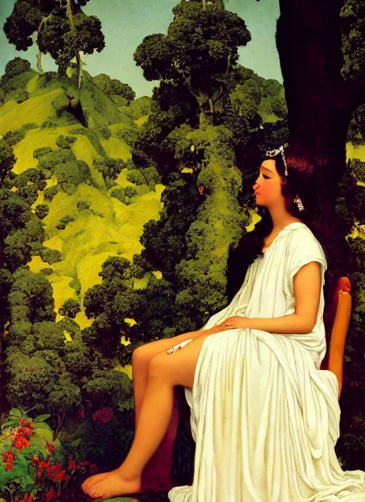 Image similar to an oil painting a queen with dark hair and white fair skin on a throne by maxfield parrish, highly detailed, realistic, realism, manierism, oil painting, wide shot