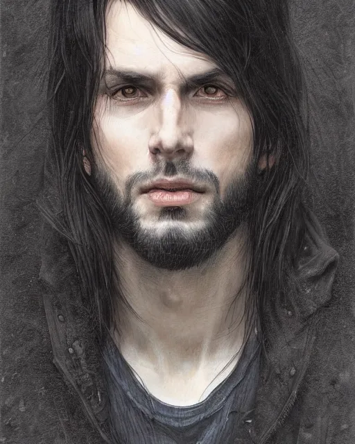 Image similar to portrait of tall, 3 3 - year - old handsome man with long dirty black hair, and grey eyes, wearing black clothes, clear face, hyper realistic face, beautiful eyes, close up, fantasy art, in the style of greg rutkowski, intricate, alphonse mucha, hyper detailed, smooth