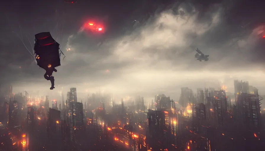 Image similar to man parachuting into a dark cyberpunk city through clouds, volumetric lighting, dystopia, artstation, concept art, painting