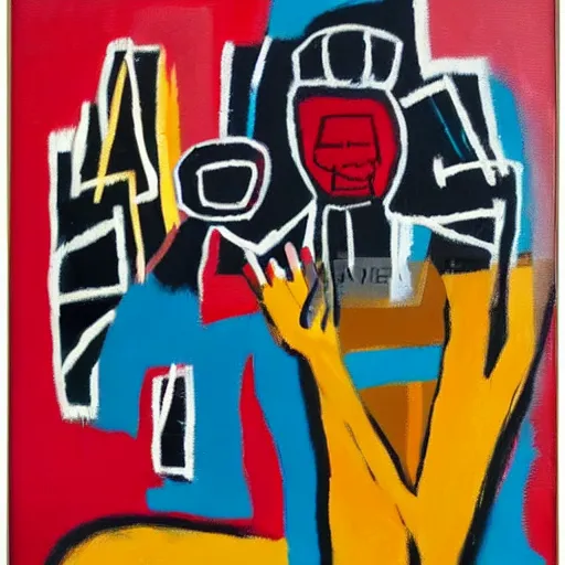 Prompt: abstract oil painting, basquiat style, woman holding hand over face