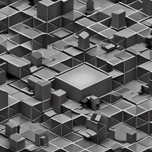 Prompt: isometric cube city made of sandstone, photographic, filmic, redshift, art station, hyper detailed, moody, gray tones