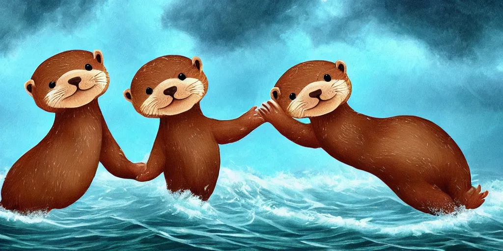 Prompt: adorable otters falling in love holding hands side by side, all alone in the middle of a scary storm at sea, fantasy illustration, cinematic, award winning, romantic, detailed trending on artstation, masterpiece