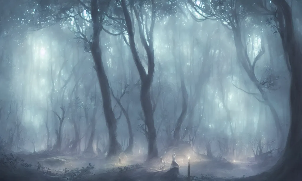 Image similar to A ethereal forest at night, magical and surreal, light and shadows create a dream-like atmosphere, soft and dreamy lighting, digital painting, concept art, artstation trending, beautiful, by Tracie Ching