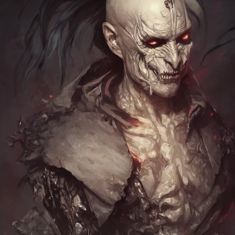 Image similar to portrait of a evil undead male necromancer, D&D, fantasy, highly detailed, digital painting, artstation, smooth, sharp focus, illustration, art by artgerm and greg rutkowski and alphonse mucha