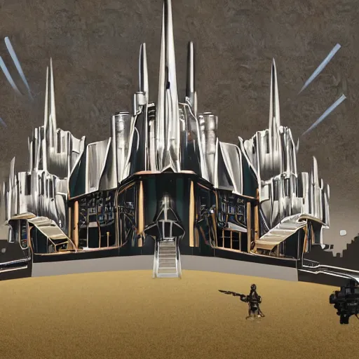 Image similar to photo of a futuristic metal castle with machine guns and rocket launchers on the walls