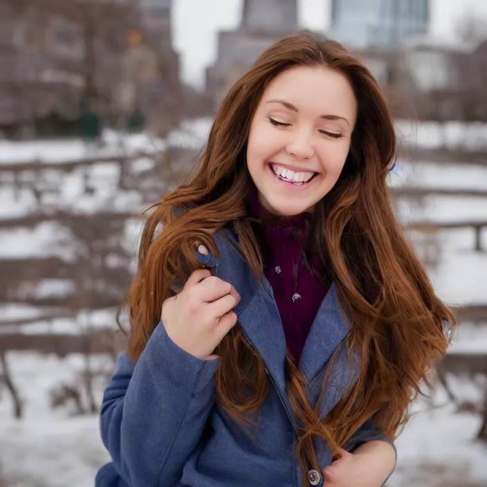 Prompt: a beautiful girl from minnesota, brunette, joyfully smiling at the camera with her eyes closed. thinner face, irish genes, wearing university of minneapolis coat, perfect nose, morning hour, plane light, portrait, minneapolis as background.