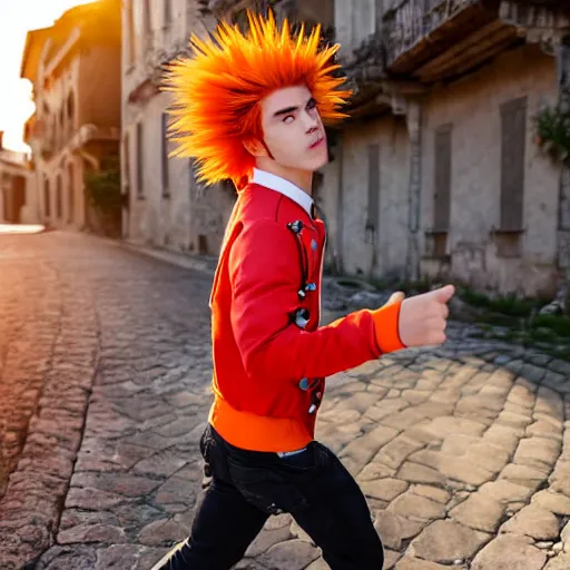 Image similar to orange - haired anime boy, 1 7 - year - old anime boy with wild spiky hair, wearing red jacket, running through italian town, yellow sunshine, sepia sun, strong lighting, vivid lighting, ultra - realistic, sharp details, subsurface scattering, intricate details, hd anime, 2 0 1 9 anime