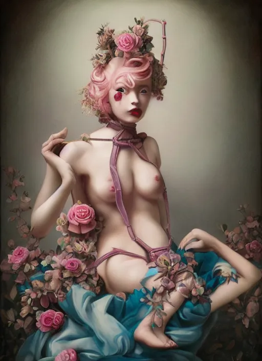 Image similar to pop surrealism, lowbrow art, realistic seductive cute woman sitting painting, pink body harness, japanese shibari with blue flowers, hyper realism, muted colours, rococo, natalie shau, loreta lux, tom bagshaw, mark ryden, trevor brown style,