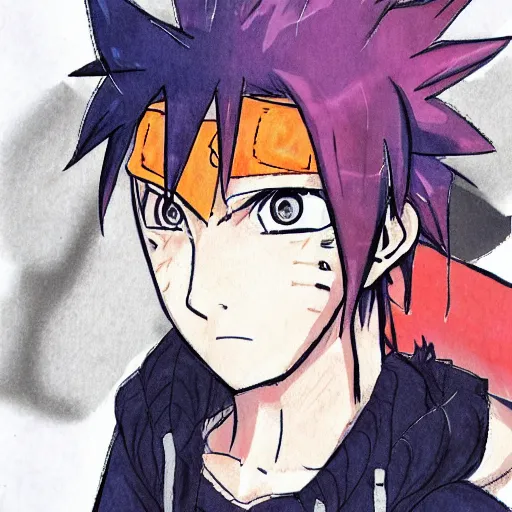 Image similar to a colored sketch of Naruto wearing casual clothes in the art style of Koyoharu Gotouge