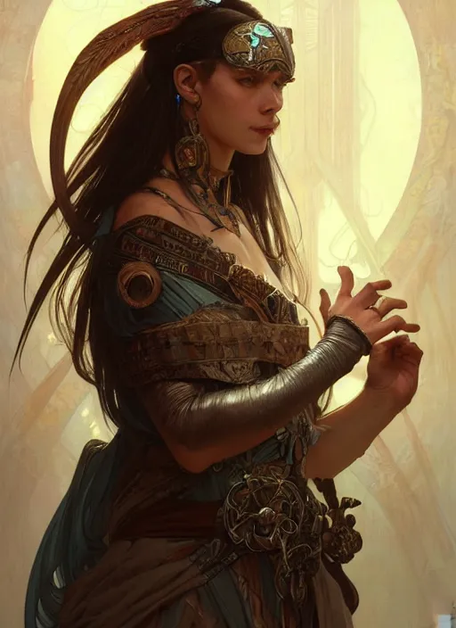 Image similar to portrait of futuristic shaman, fantasy, medieval wear, intricate, elegant, highly detailed, digital painting, artstation, concept art, smooth, sharp focus, illustration, art by artgerm and greg rutkowski and alphonse mucha