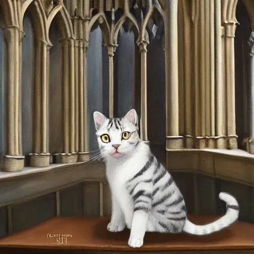 Image similar to oil painting extreme wide shot of a [ white and grey tabby cat ] wearing a [ hufflepuff scarf ], in the gloucester cathedral cloisters