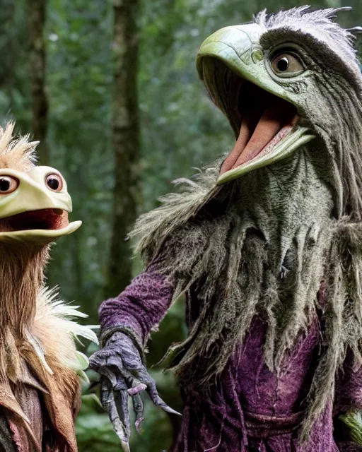 Image similar to two skeksis from the movie the dark crystal are discussing a plan in a forest