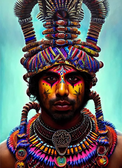 Image similar to portrait of suraj sharma, hyper detailed ultra sharp aztec shaman warrior. trending on artstation, warpaint aesthetic, bloodwave, colorful, psychedelic, ornate, intricate, digital painting, concept art, smooth, sharp focus, illustration, art by artgerm and greg rutkowski and h. r. giger, 8 k