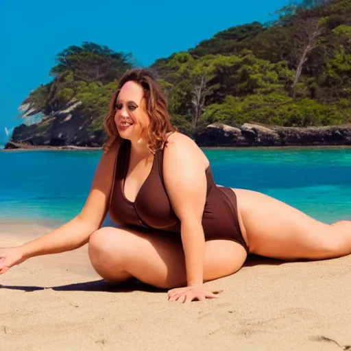 Image similar to a beautiful curvy woman with light brown hair lounging at the beach wearing a one - piece swimsuit